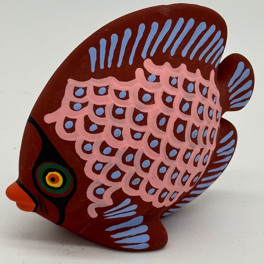 Vintage Xcaret Cancun Mexico Painted Terracotta Fish Figurine Shaker Folk Art 4"